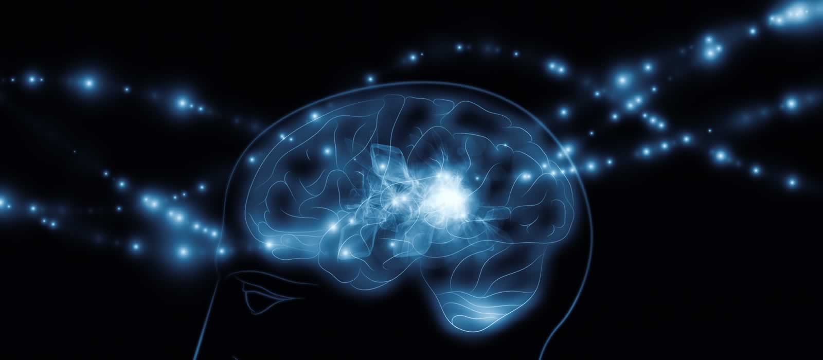 A graphical representation of a transparent brain, illustrating the electrical energy which enable our minds to work.