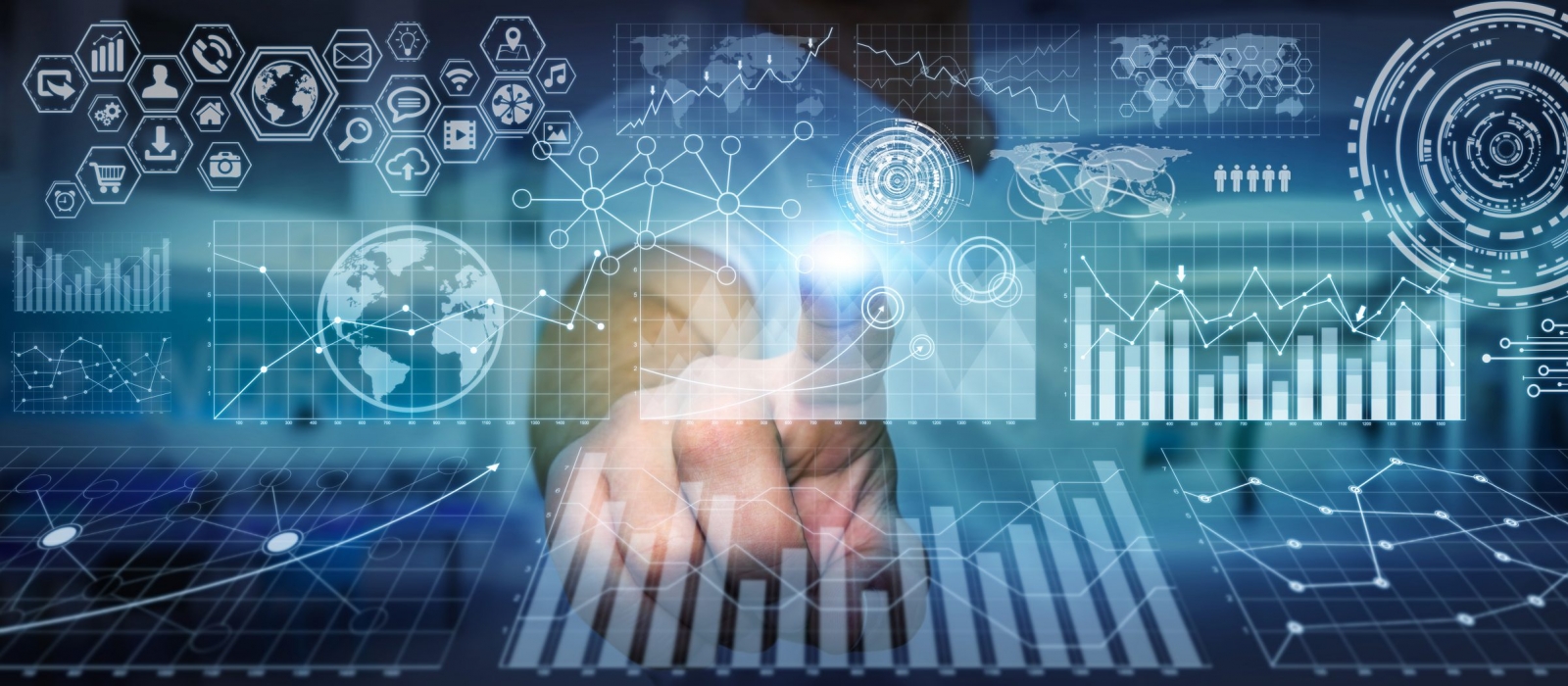 Futuristic digital dashboard with graphs and data