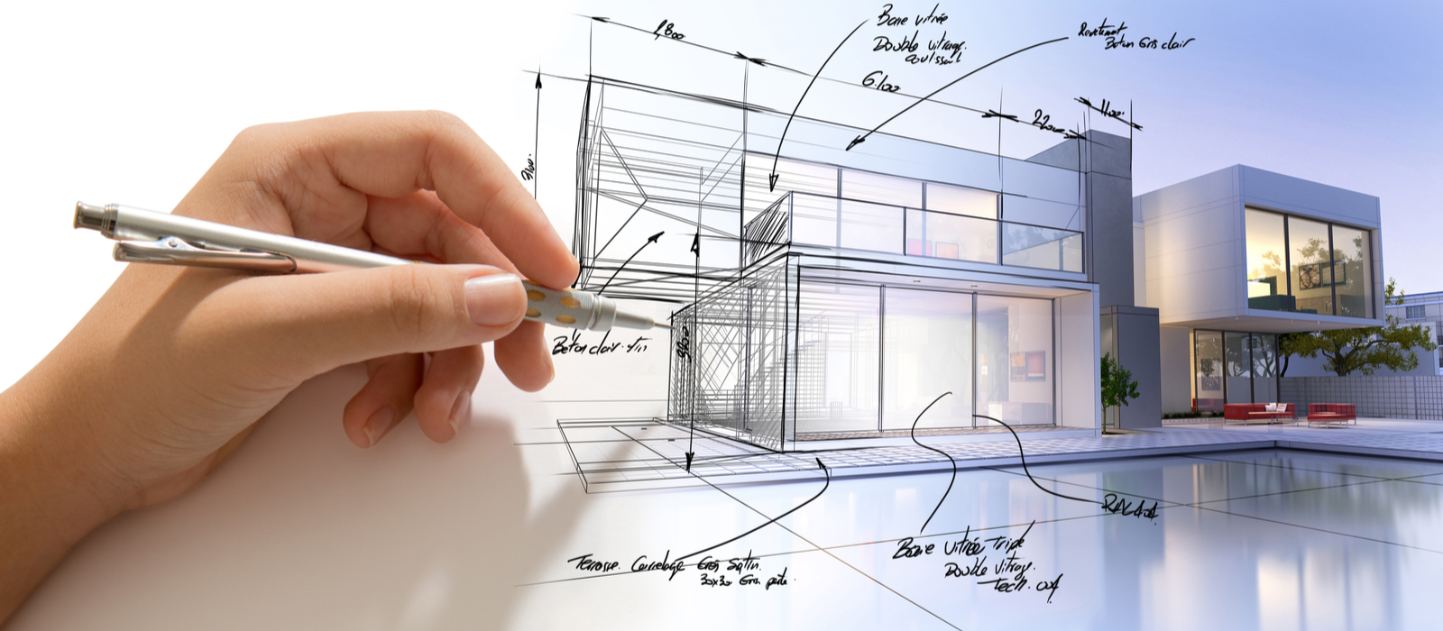 A woman plans the architecture of a very modern home, while her drawing transforms into the finished building.