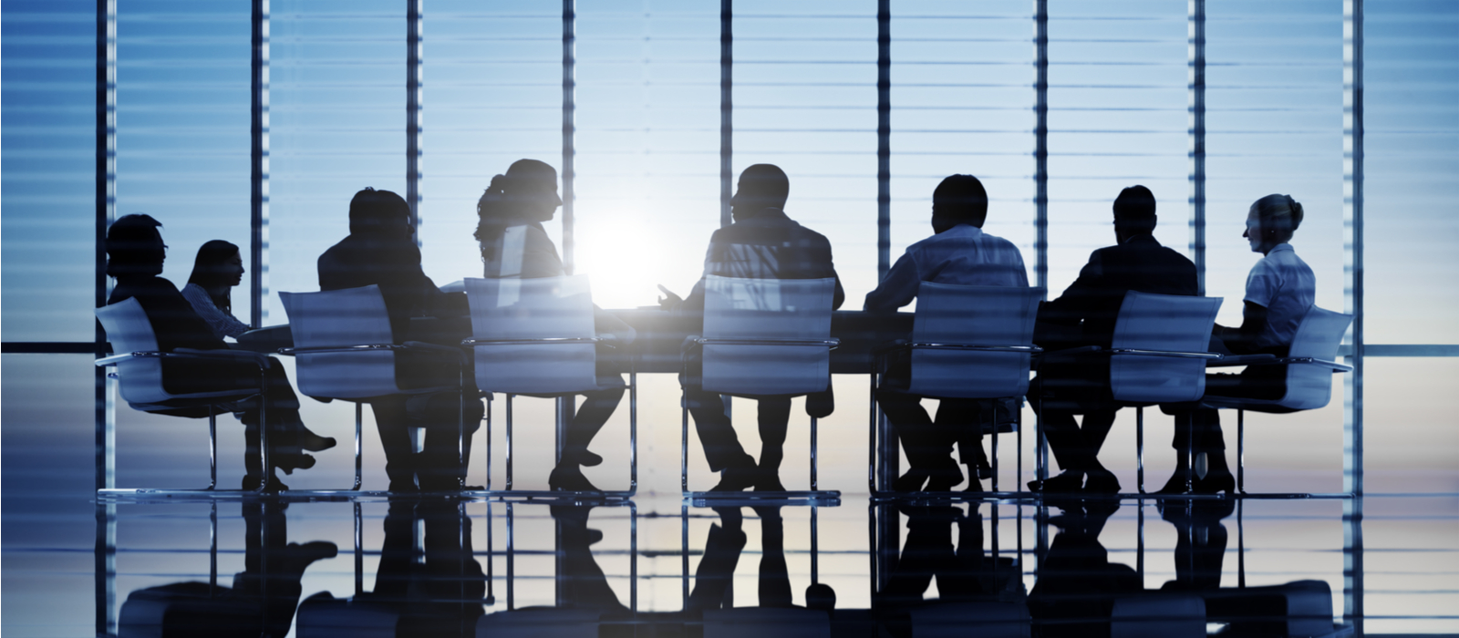 A group of business people sitting around a table meeting