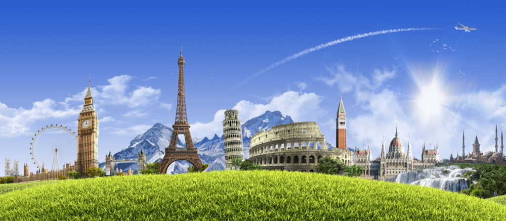 A pastiche of the Eiffel Tower, Leaning Tower of Pisa, St. Mark's Tower, Venice, and the Colosseum