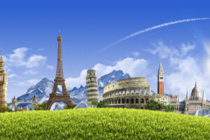 A pastiche of the Eiffel Tower, Leaning Tower of Pisa, St. Mark's Tower, Venice, and the Colosseum