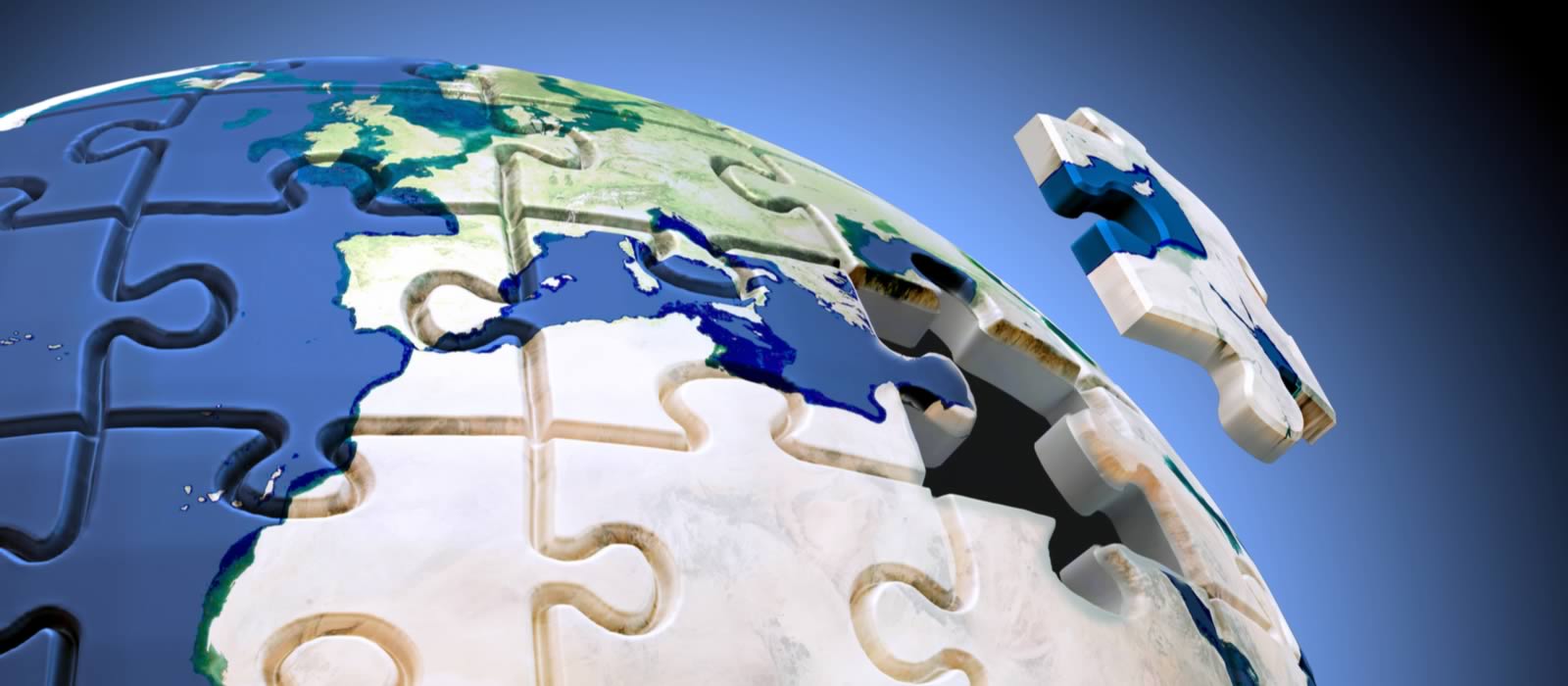 Globe that looks like a jigsaw puzzle with a piece missing